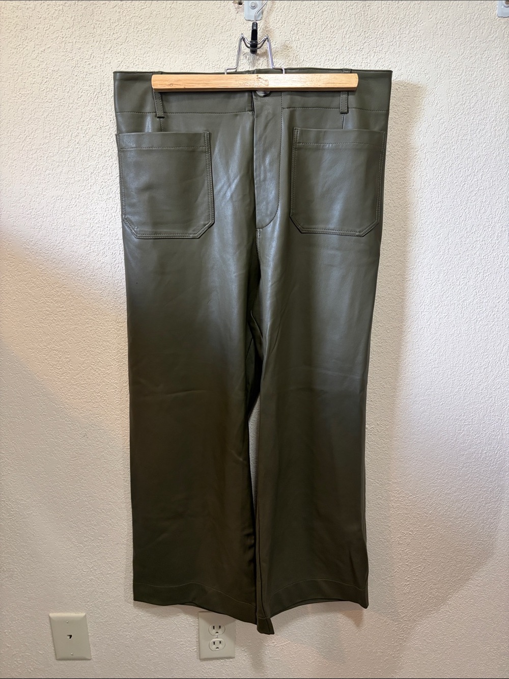 Anthropologie Maeve Colette Crop Wide Leg Pants Faux Vegan Leather Dark Green 30